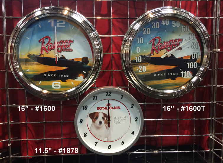 16 inch clock, 16 inch thermometer and 11.5 inch clock. We sell clocks and thermometers.