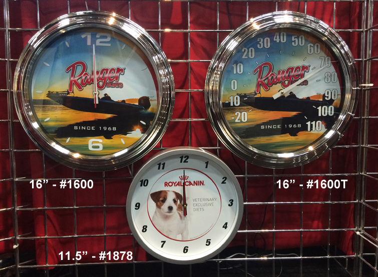 16 inch clock, 16 inch thermometer and 11.5 inch clock. We sell clocks and thermometers.