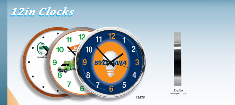 12" Personalized wall clocks.