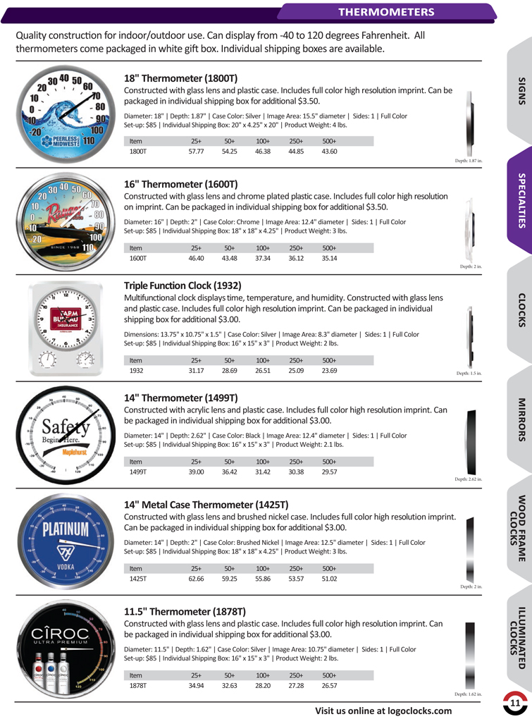 Custom thermometers and customized temperature gaurges. Our company can print your logo onto the front of each personalized thermometer.