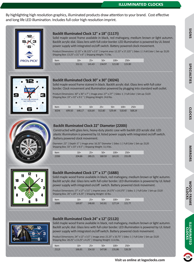 Custom illuminated clocks for sale. These backlit lighted clocks will draw attention to your brand.