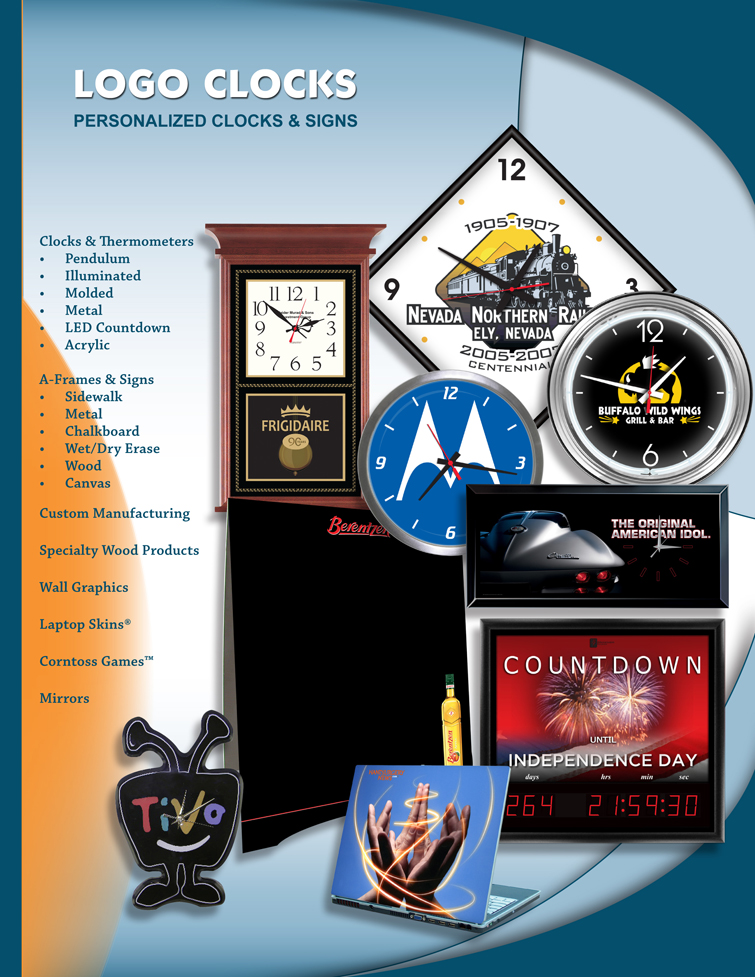 Personalized clocks with your logo. Promotional clocks for sale. Custom signs and thermometers.